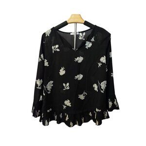 Sioni Womens Black Blouse With White Floral Print & Pleated Hem Size S